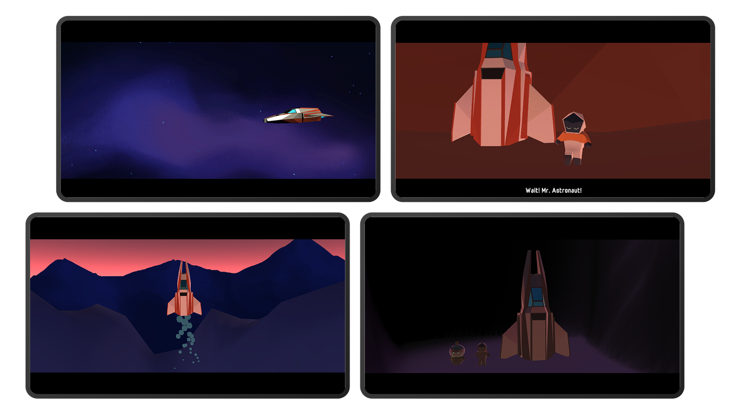 Vier Storytelling schermen van gameplay screenshots, Orbit: Alone in Space