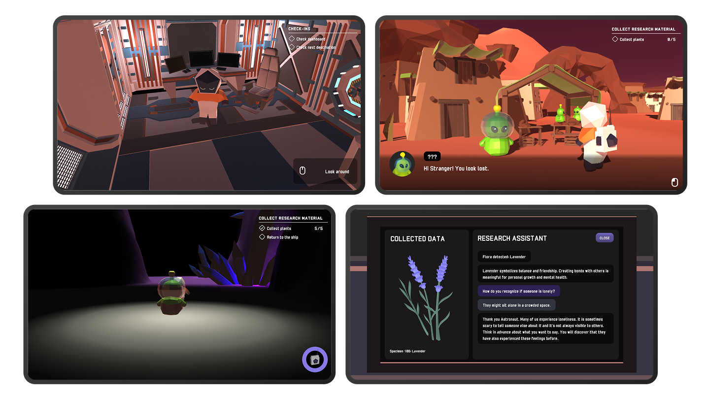Vier Game Design schermen van gameplay screenshots, Orbit: Alone in Space