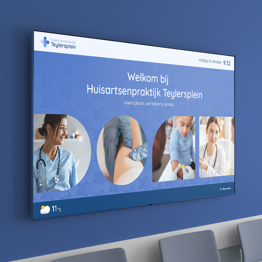 TV-scherm in de wachtkamer van Huisartsenpraktijk Teylersplein